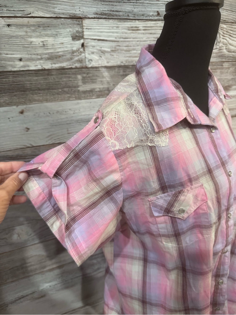 Wrangler Pink Purple Plaid Snap Down Shirt with Lace Accents - Picture 2 of 5